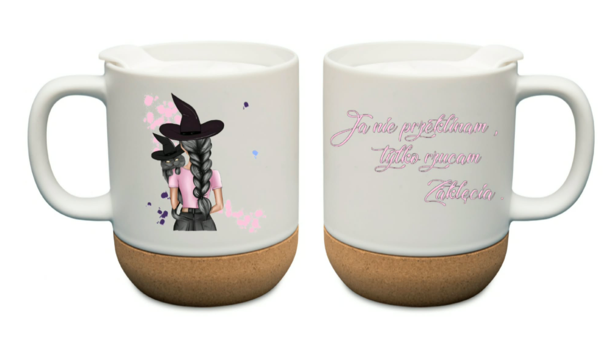 Kubek ceramiczny z wieczkiem i korkowym odczepianym spodem 330ml w trzech kolorach